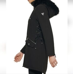 Guess Anorak Corset Waist Faux Fur Trim Coat. Removable Hood Black Medium #76